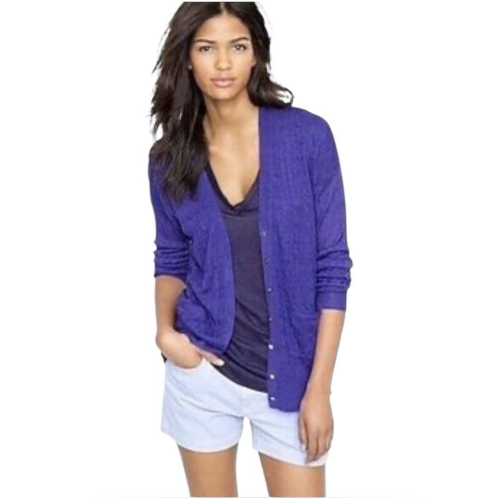 J. Crew Preppy purple Linen Button Front All Seasons Cardigan Sweater, pockets
